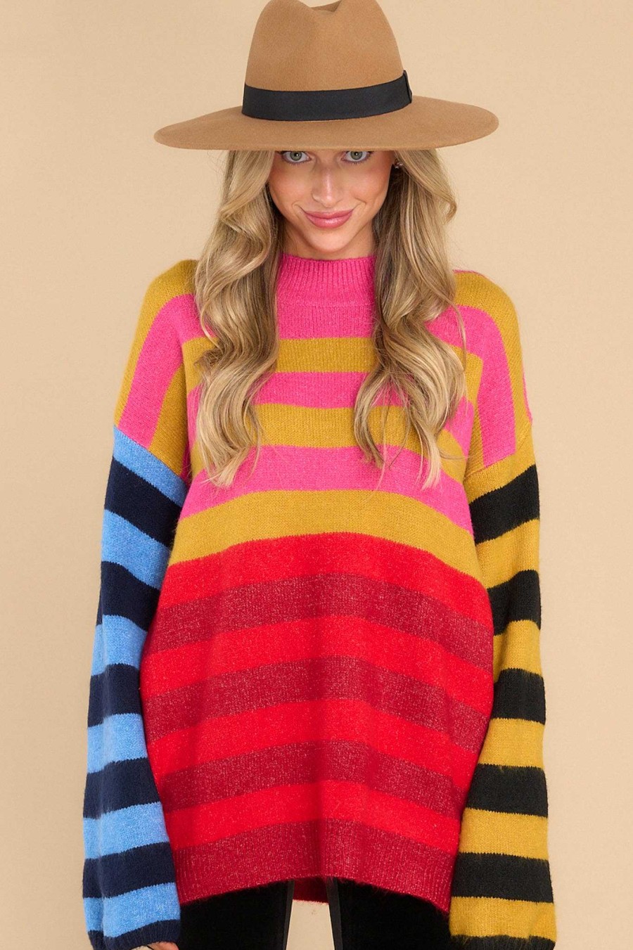 Clothing Red Dress Casual Tops | Give It Up Multi Stripe Sweater Red