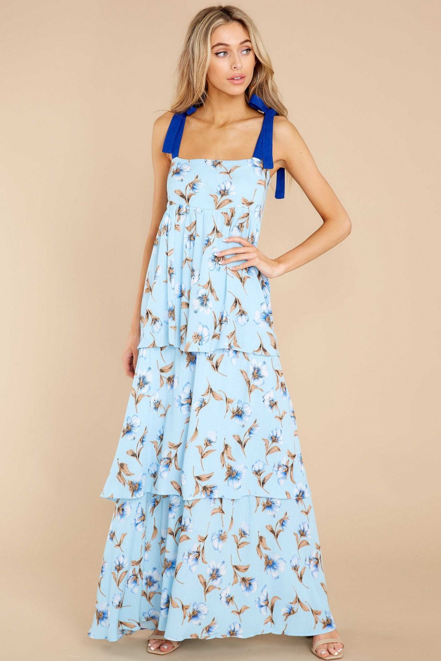 Clothing Red Dress Maxi Dresses | Run To You Floral Print Maxi Dress Blue