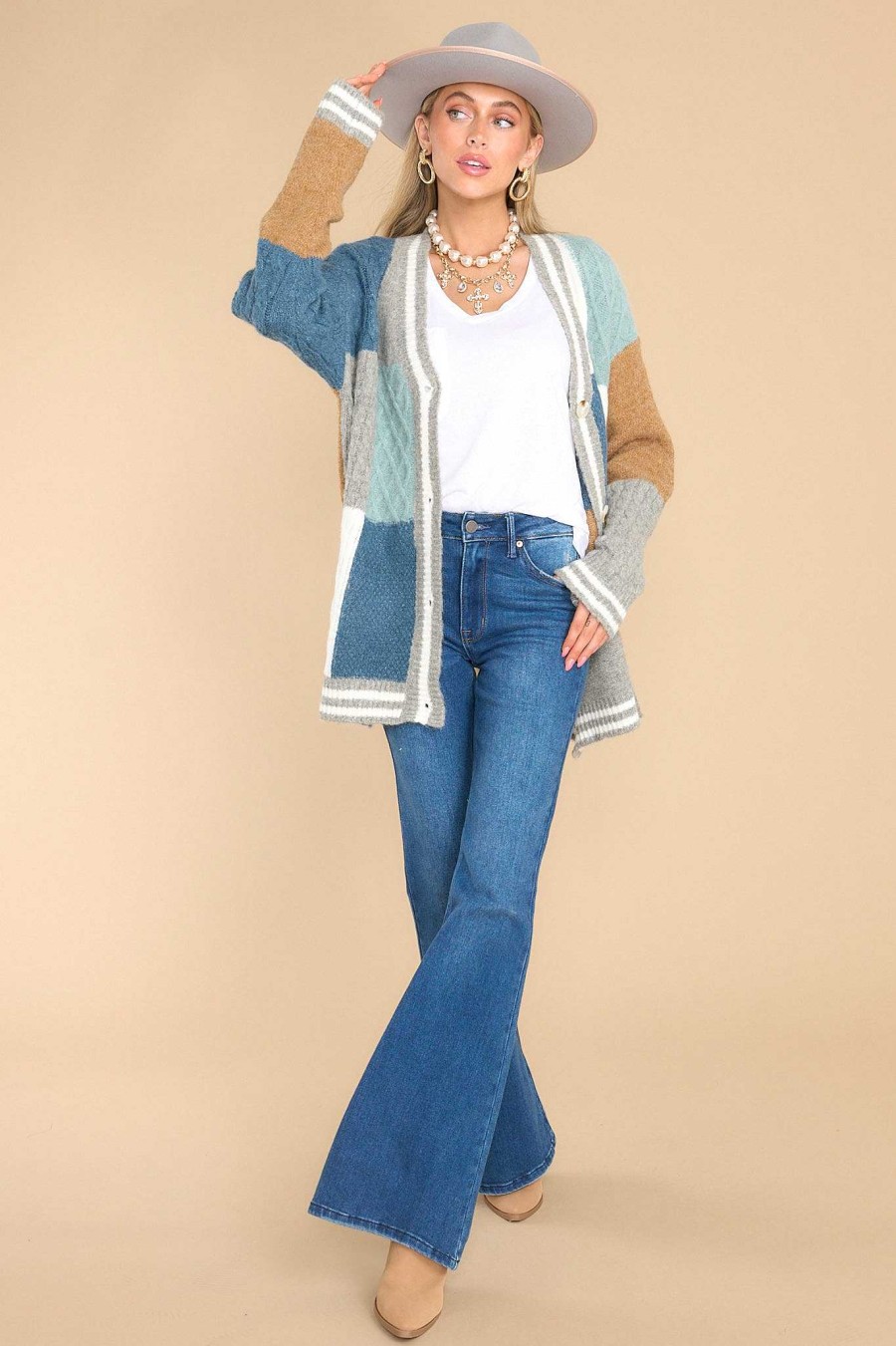 Clothing Fable Sweaters | Stunning Significance Colorblock Cardigan Ash Blue