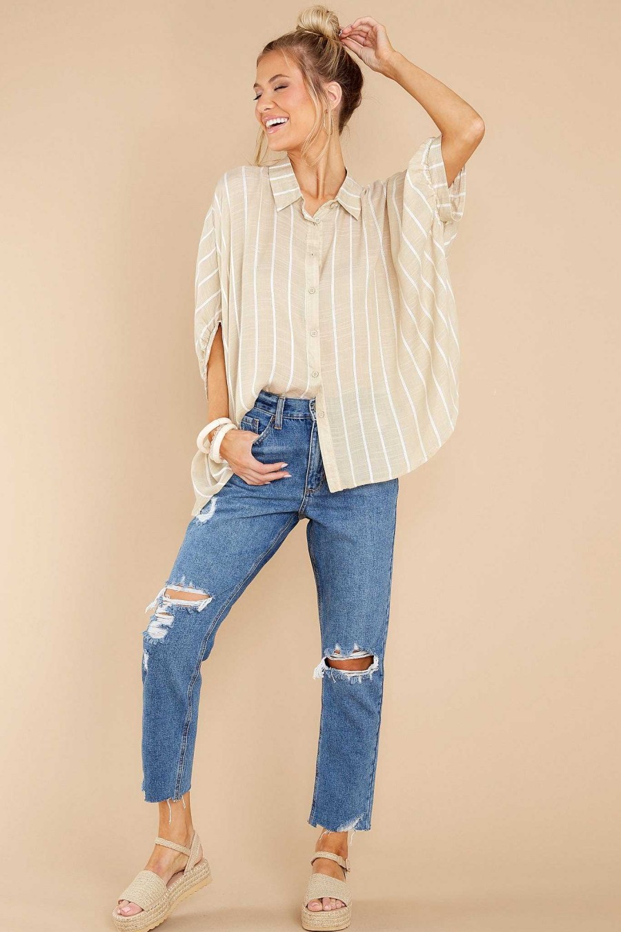 Clothing Red Dress Casual Tops | Rare Love Stripe Top Taupe