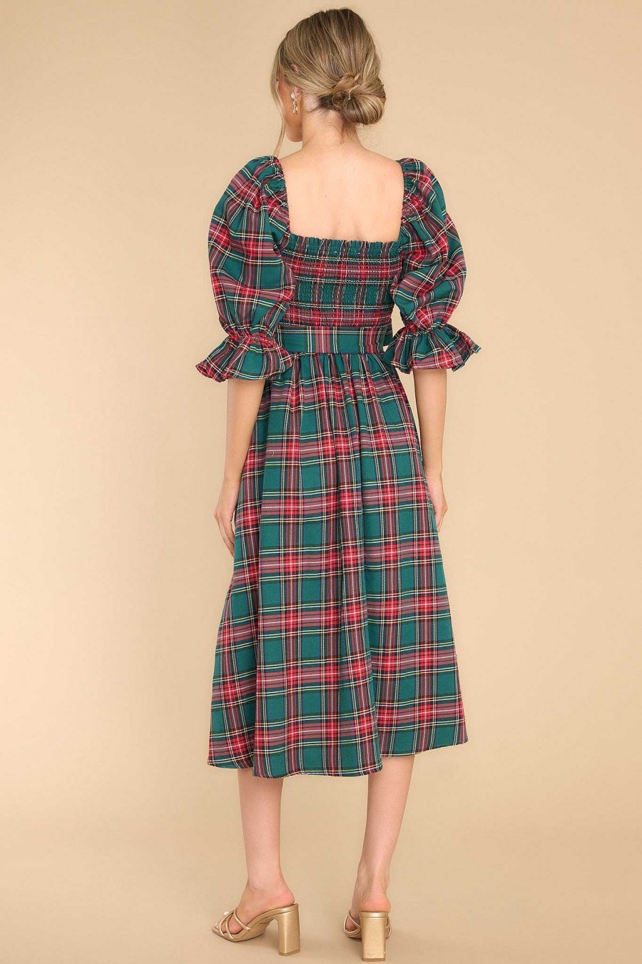 Clothing Aura Midi Dresses | Wishful Wonderland Plaid Midi Dress Emerald