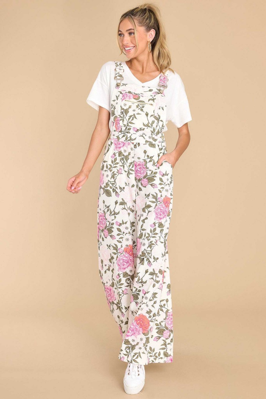 Clothing Aura Overalls | Real Cool Floral Overalls Ivory