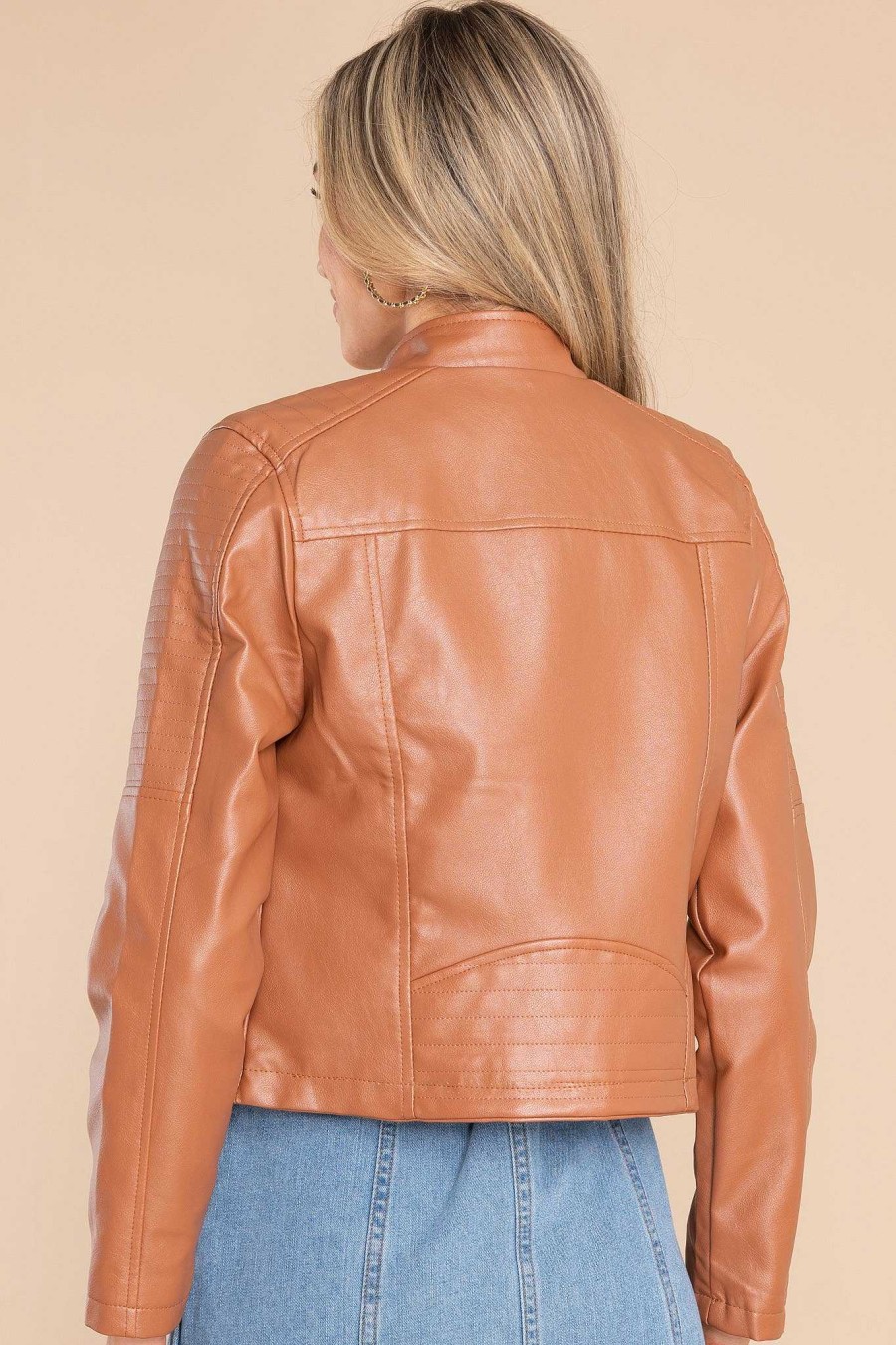 Clothing Red Dress Jackets | Defying The Odds Faux Leather Jacket Caramel