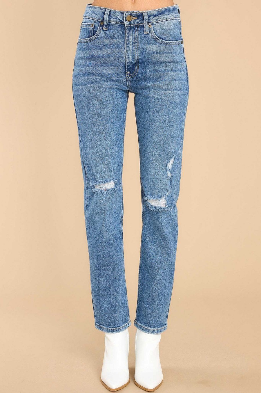 Clothing Red Dress Distressed Denim | All The Rage Distressed Straight Jeans Medium Wash