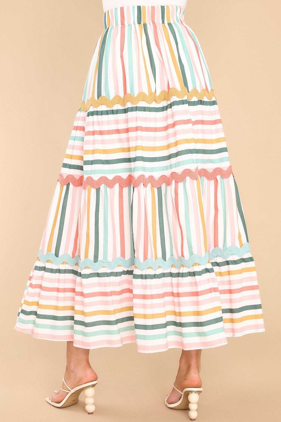 Clothing Aura Skirts | Meet Me For Tea Multi Stripe Maxi Skirt Desert Sage