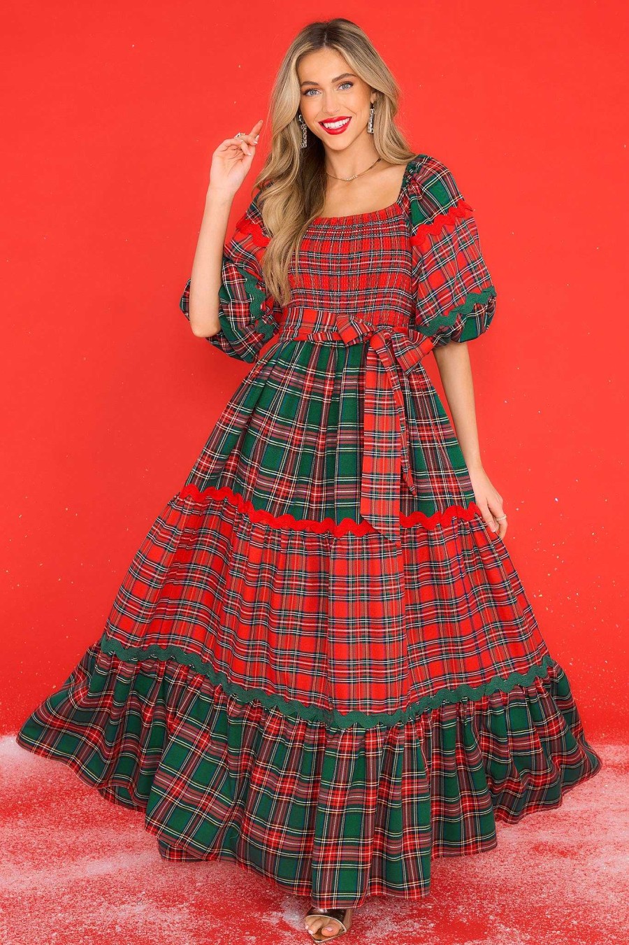 Clothing Aura Maxi Dresses | Santa'S Favorite Plaid Maxi Dress Red