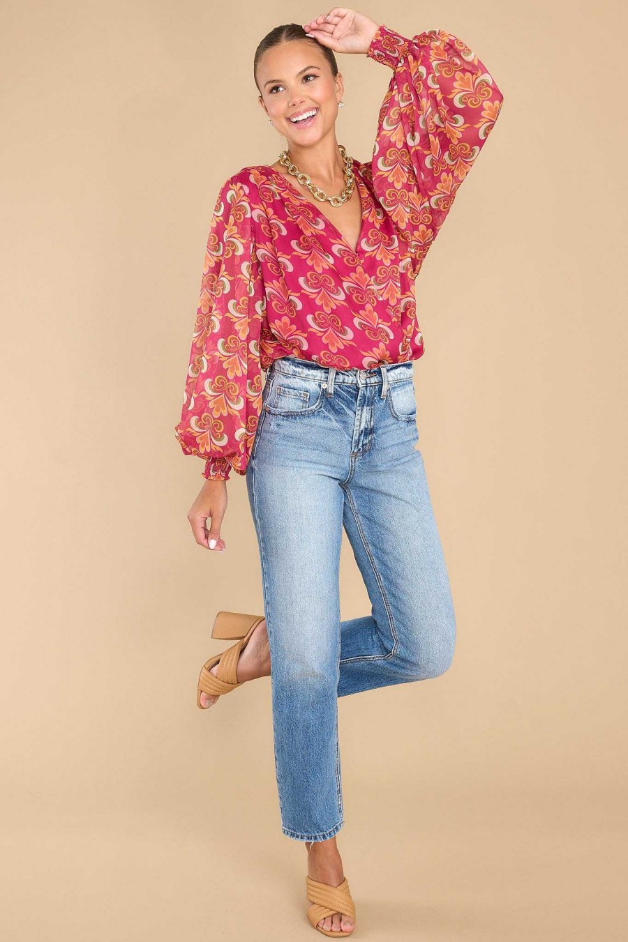 Clothing Aura Casual Tops | Late Nights Multi Print Bodysuit Magenta