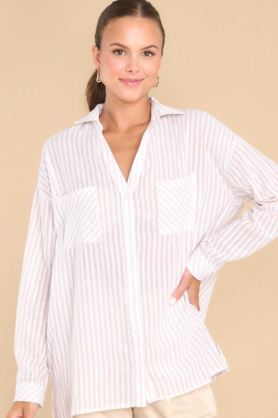 Clothing Red Dress Casual Tops | Catch Your Gaze Stripe Top Beige