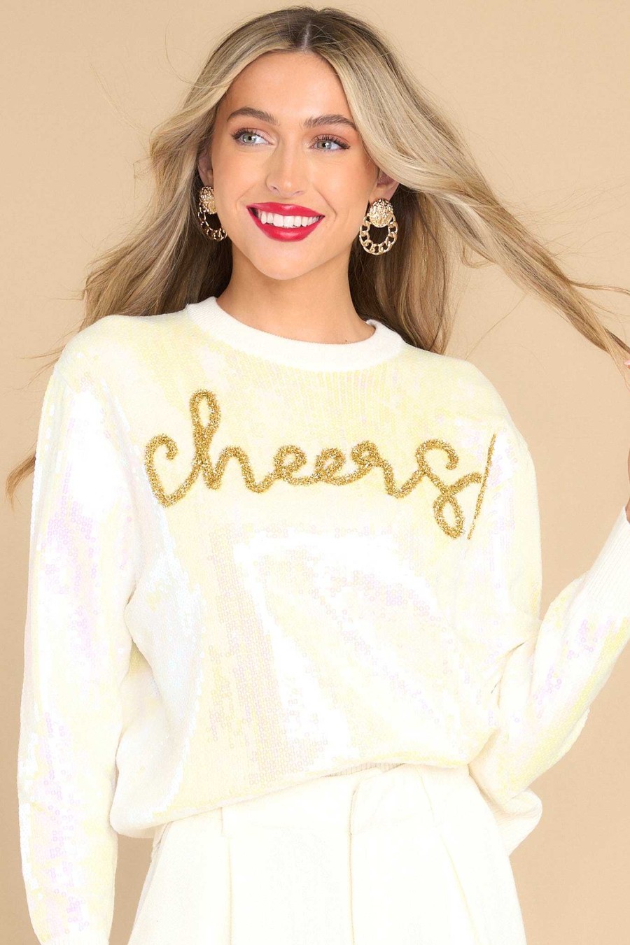 Clothing Queen of Sparkles Sweaters | White Full Sequin Cheers Sweater Ivory