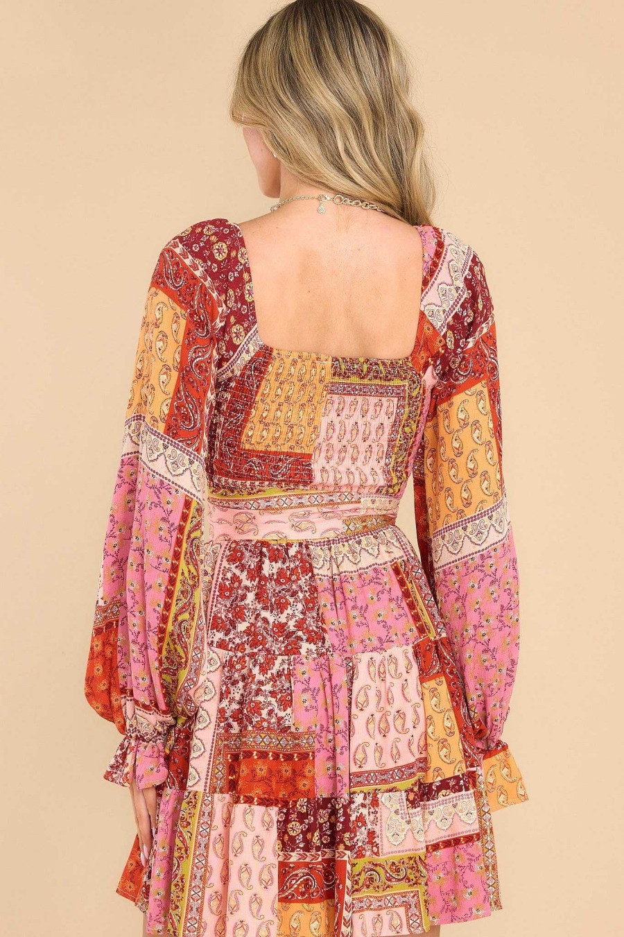 Clothing Aura Mini Dresses | True Meaning Multi Patchwork Print Dress Rust
