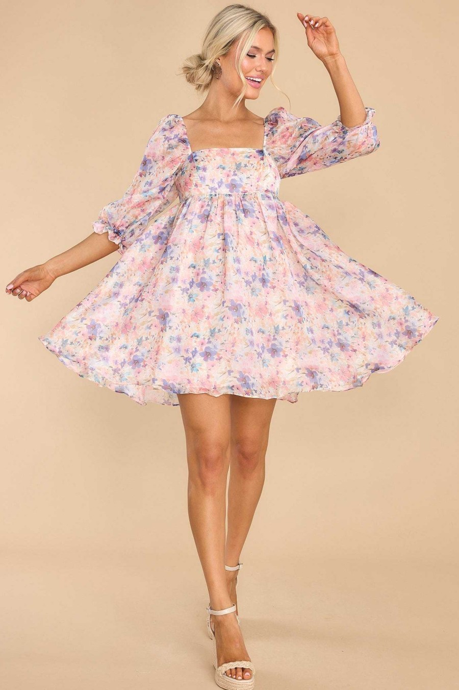 Clothing Red Dress Mini Dresses | Princess For A Day Multi Floral Print Dress Light Pink