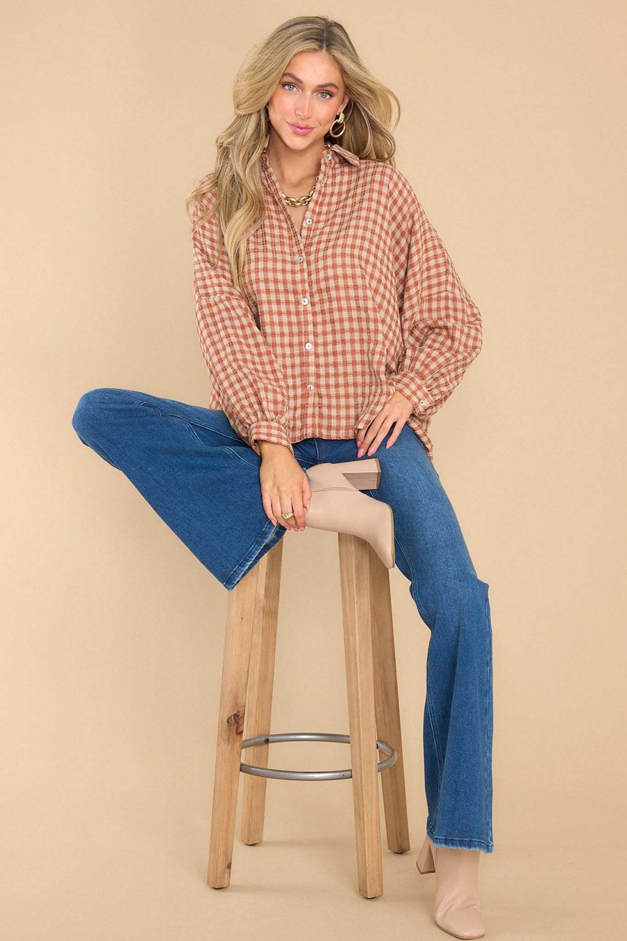 Clothing Aura Casual Tops | Keep Showing Up Plaid Top Brown
