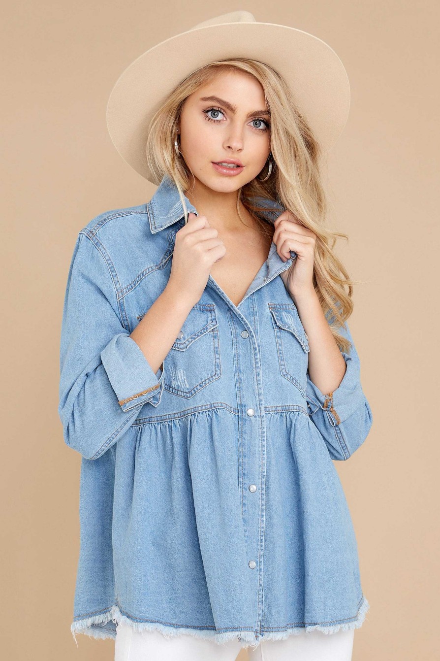 Clothing Red Dress Blouses & Shirts | Off The Edge Distressed Chambray Top Light Wash