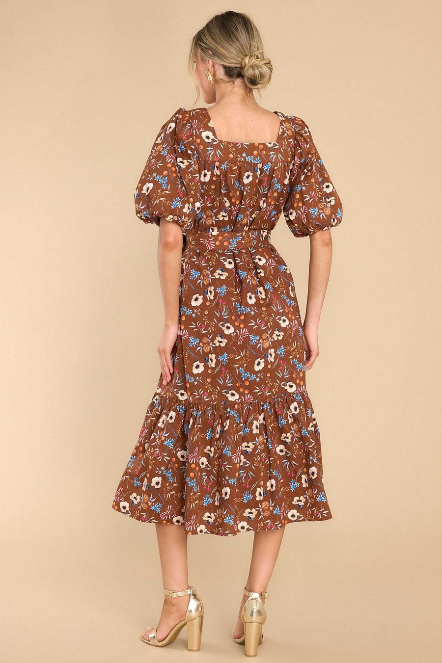 Clothing Olivia James The Label Midi Dresses | Willa Anemone Chocolate Midi Dress Brown
