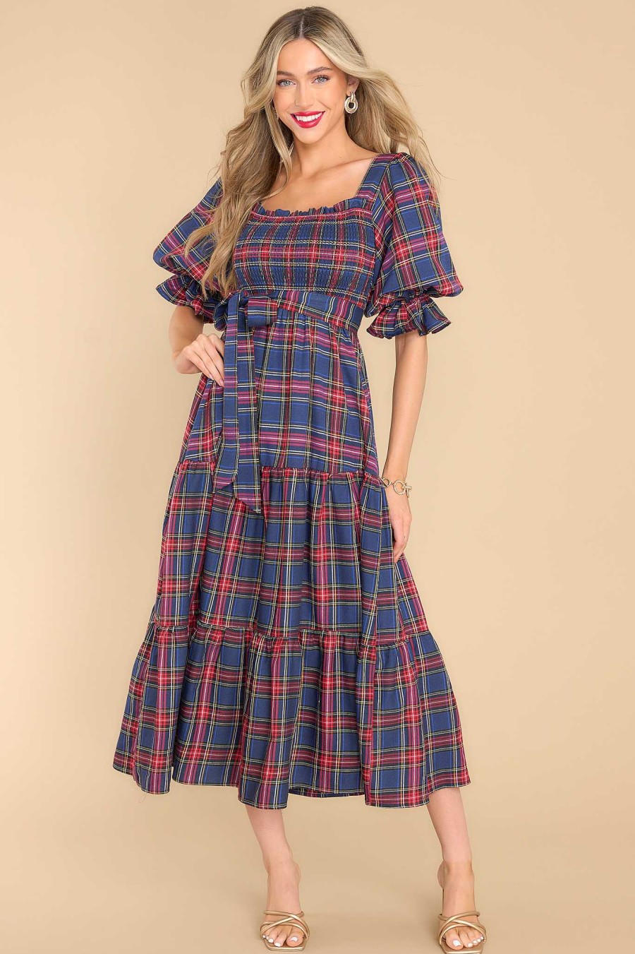 Clothing Aura Midi Dresses | All Is Calm Plaid Maxi Dress Blue