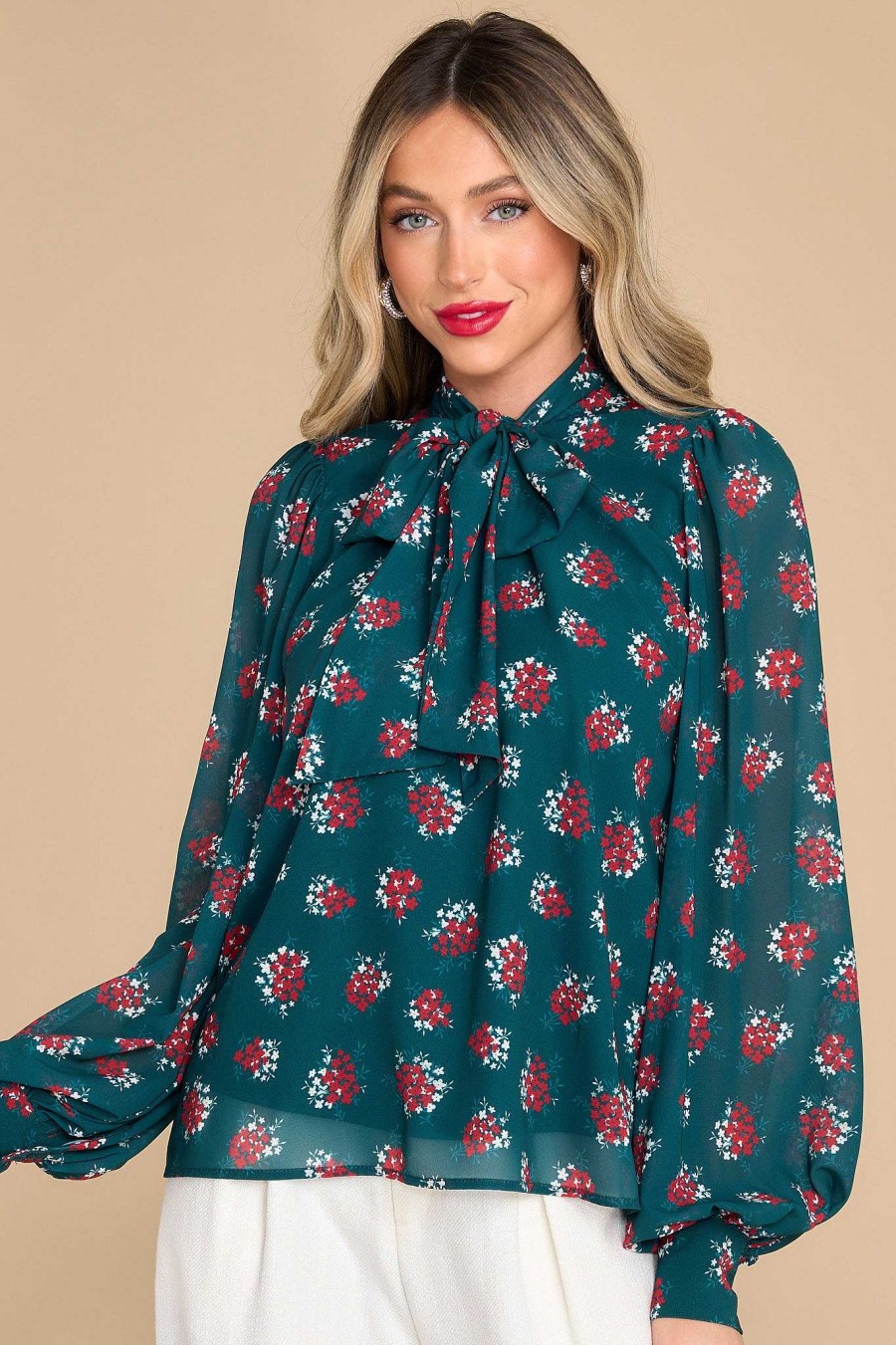 Clothing Aura Blouses & Shirts | She'S Always Right Floral Print Top Dark Emerald