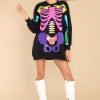 Clothing Queen of Sparkles Mini Dresses | Rainbow Skeleton Sweatshirt Dress Black