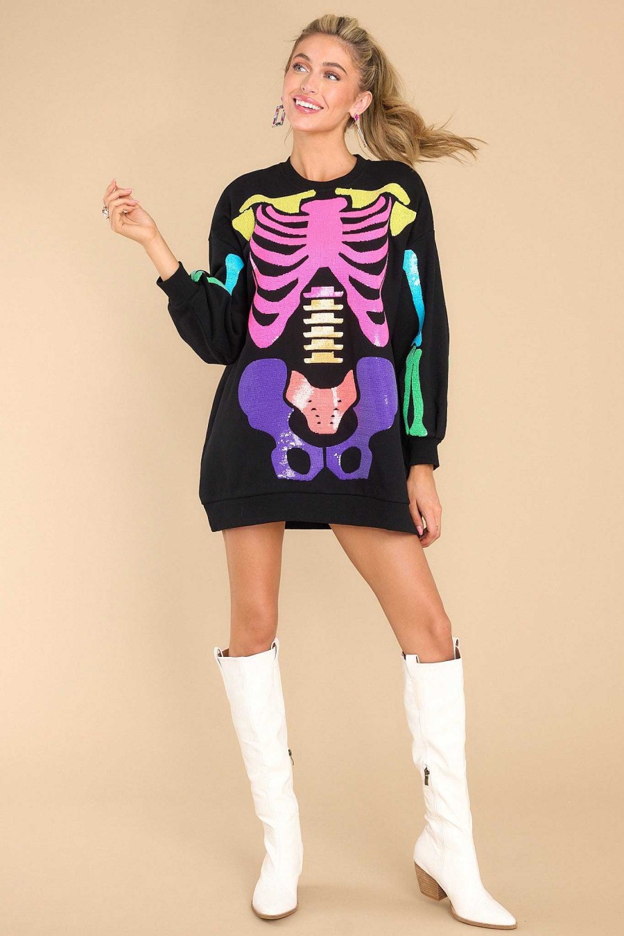 Clothing Queen of Sparkles Mini Dresses | Rainbow Skeleton Sweatshirt Dress Black