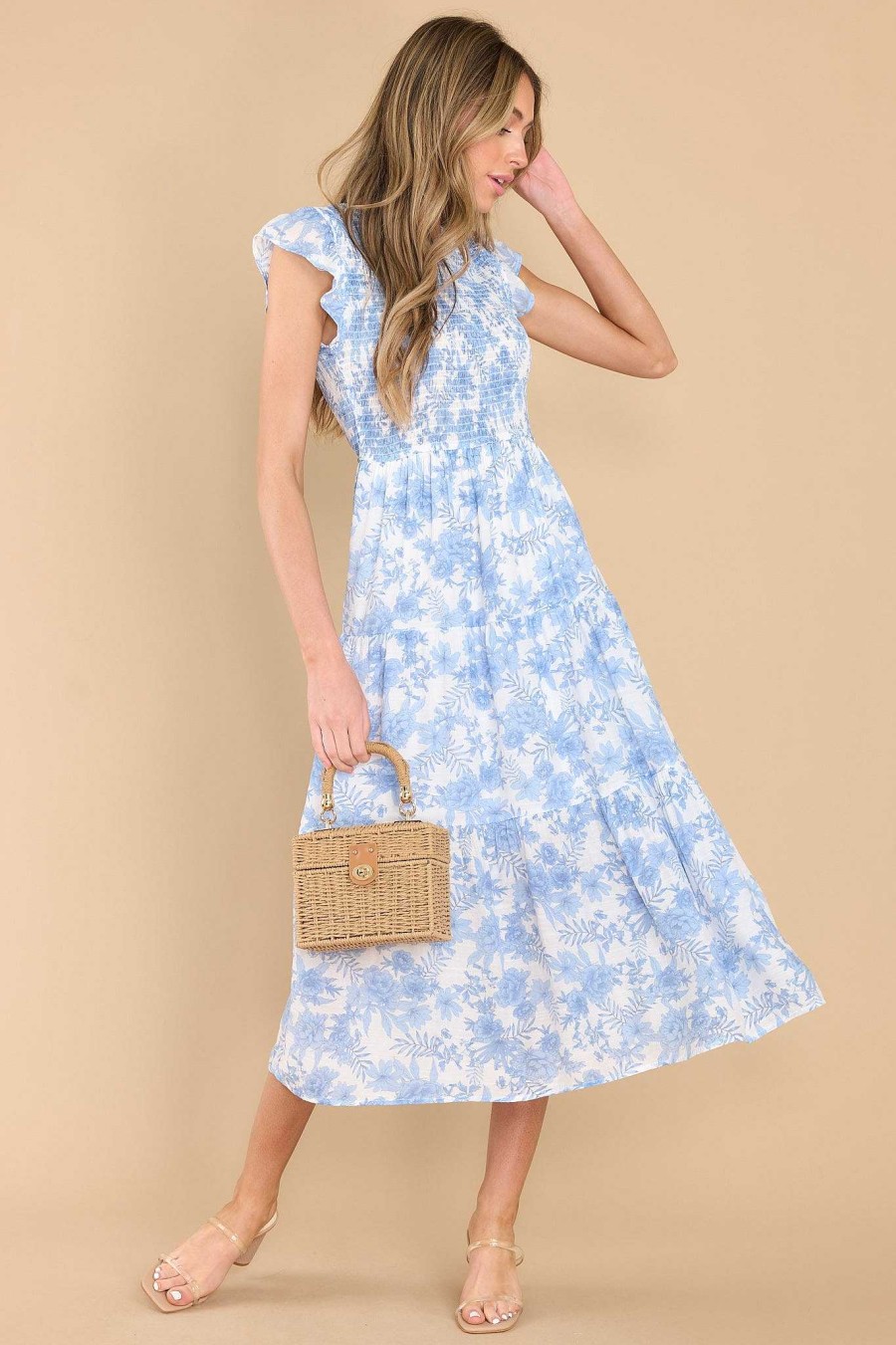 Clothing Red Dress Midi Dresses | Don'T Leave Floral Print Midi Dress Blue