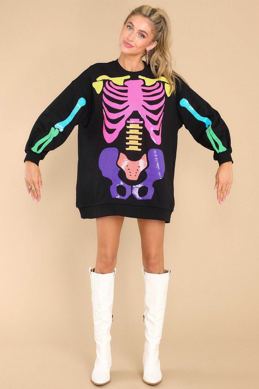 Clothing Queen of Sparkles Mini Dresses | Rainbow Skeleton Sweatshirt Dress Black