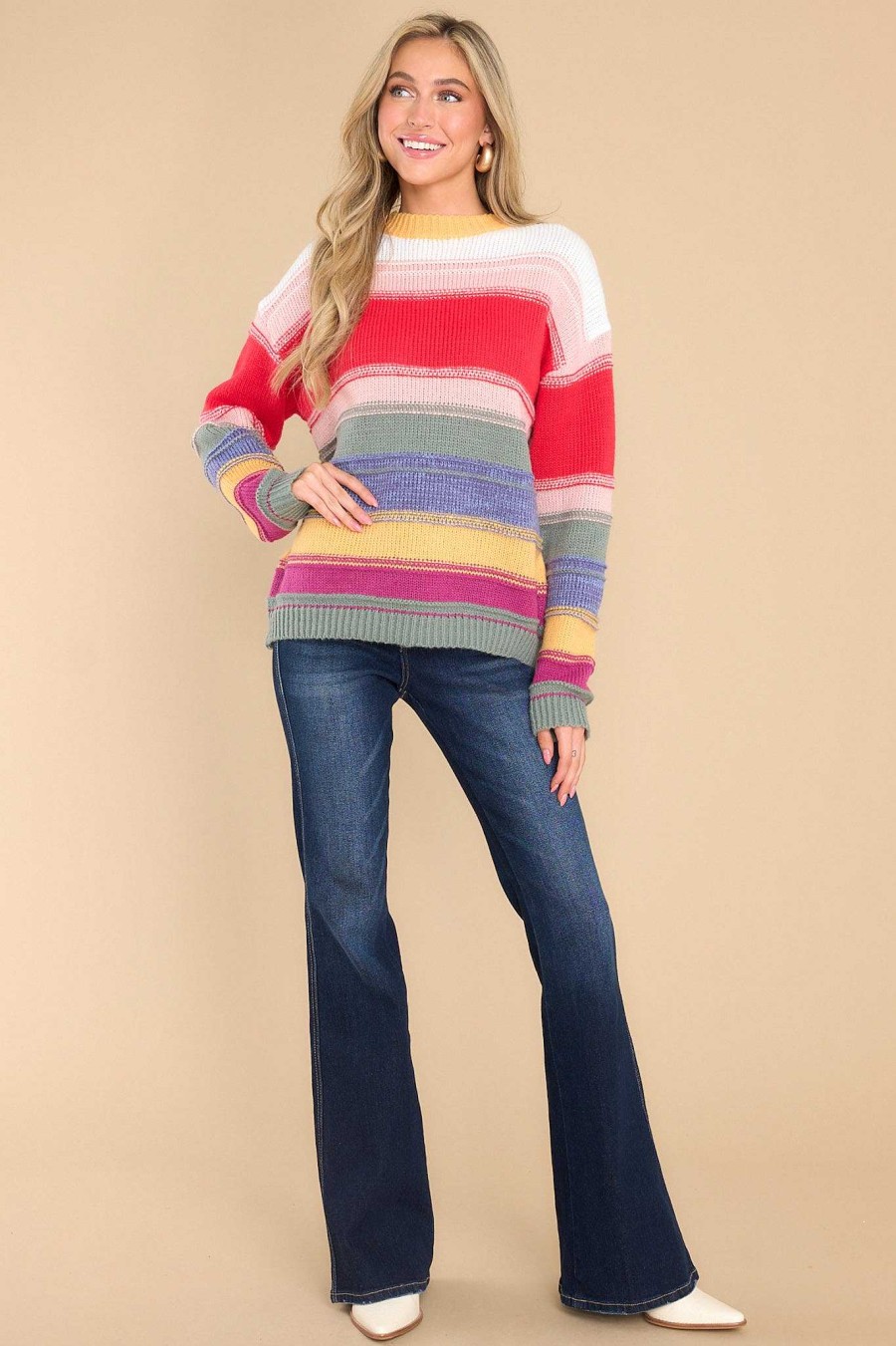 Clothing Red Dress Casual Tops | End Of The Rainbow Red Stripe Sweater Multi
