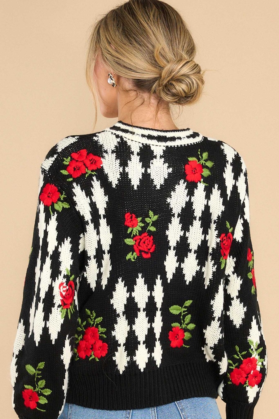 Clothing Red Dress Sweaters | Second Chances Multi Print Cardigan Black