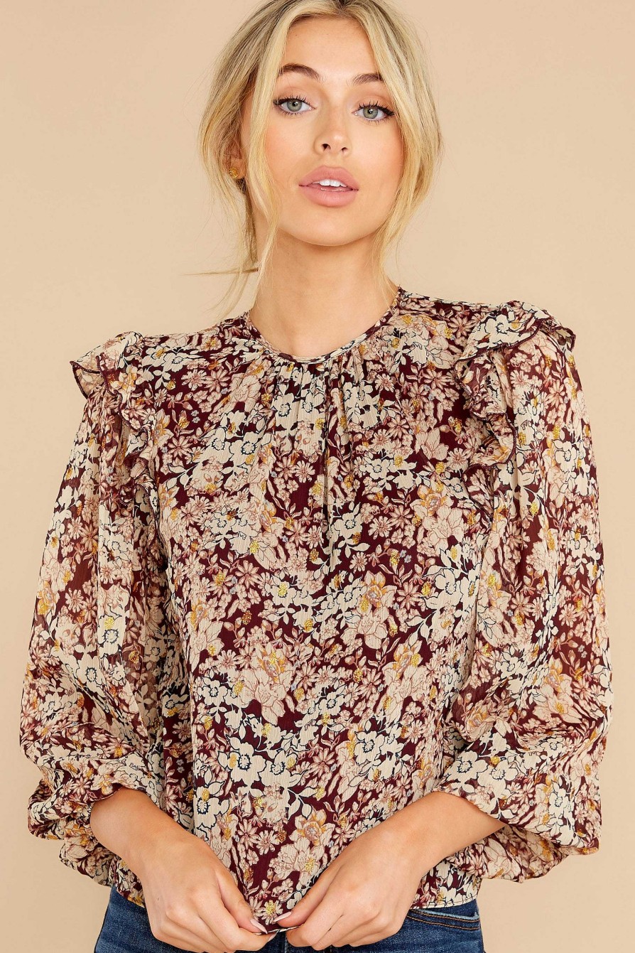 Clothing Red Dress Blouses & Shirts | City Lights Plum Print Top Brown