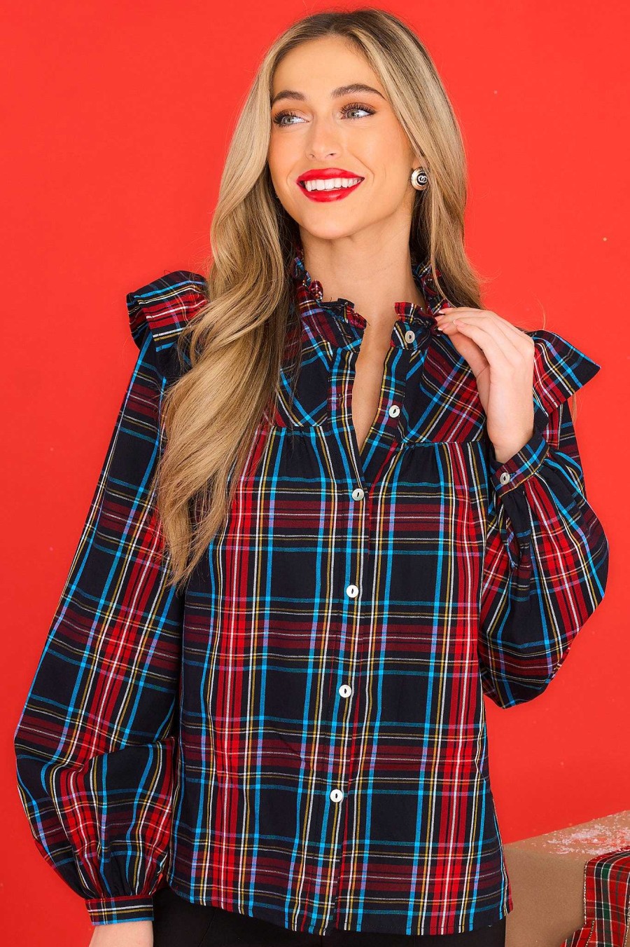 Clothing Aura Blouses & Shirts | Sled You Go Plaid Top Black