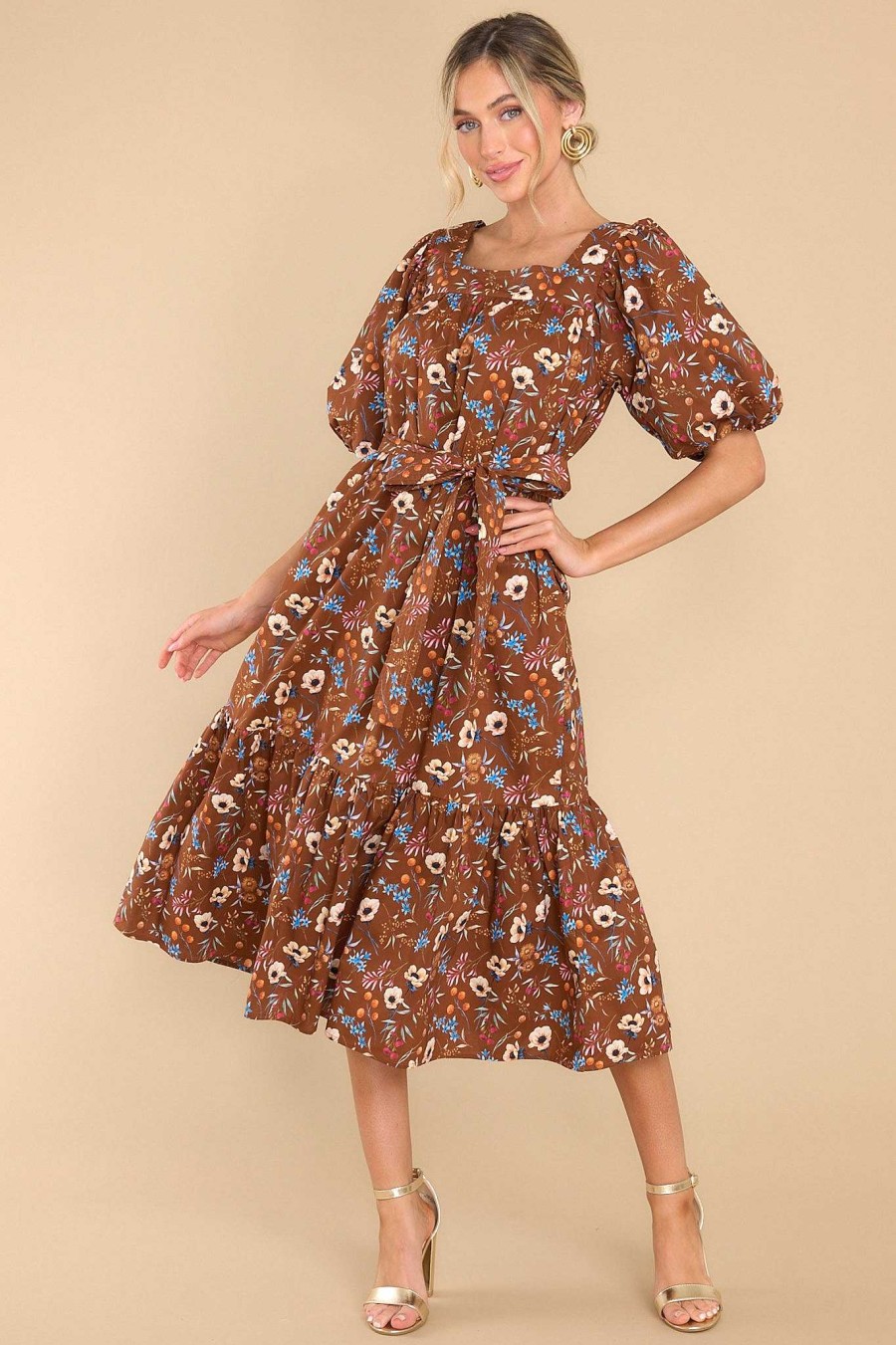 Clothing Olivia James The Label Midi Dresses | Willa Anemone Chocolate Midi Dress Brown