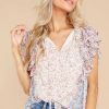 Clothing Red Dress Blouses & Shirts | In The Season Cream And Pink Floral Print Top Blue