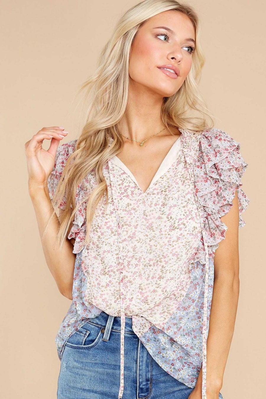 Clothing Red Dress Blouses & Shirts | In The Season Cream And Pink Floral Print Top Blue