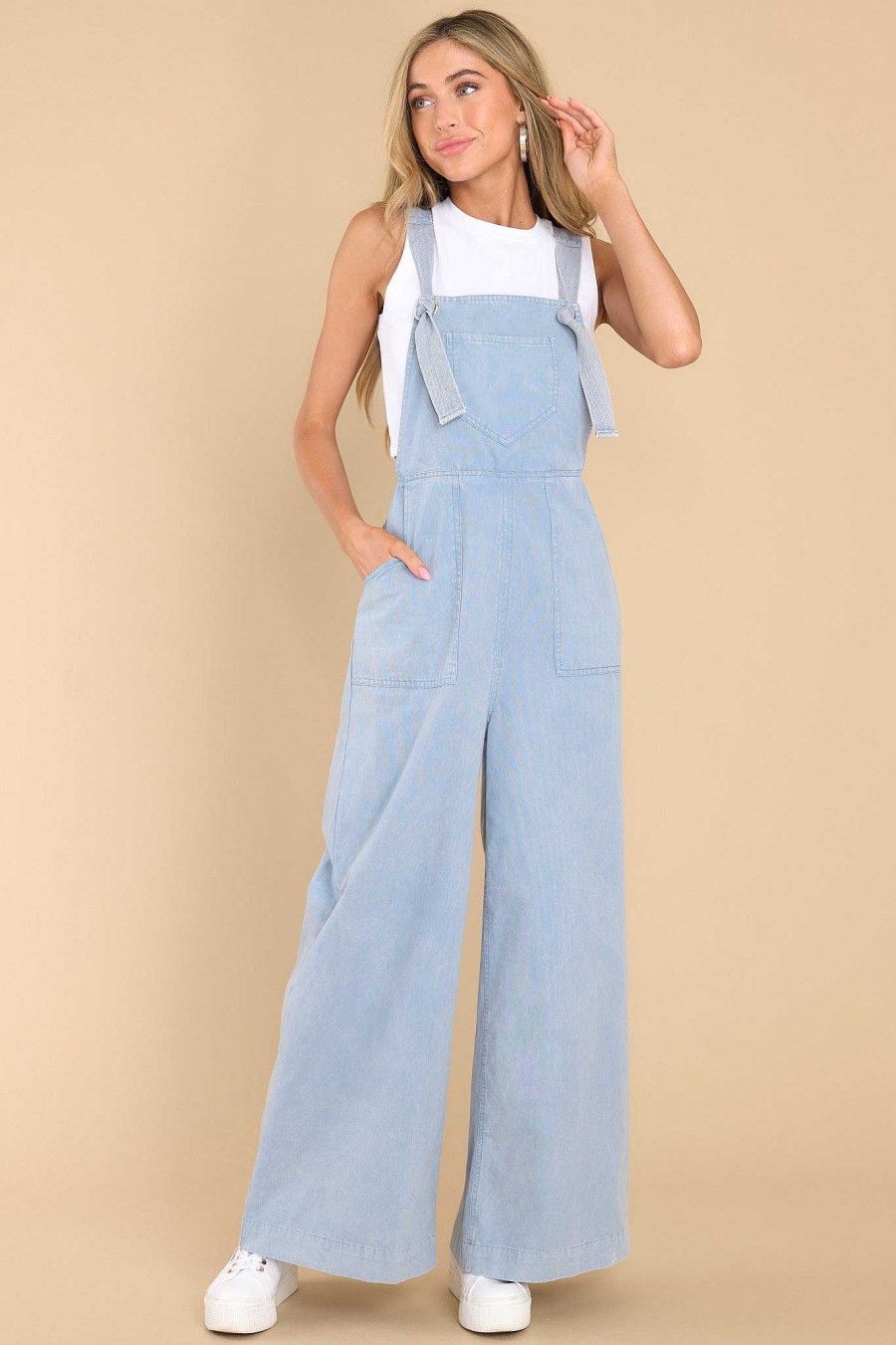 Clothing Red Dress Overalls | Lovely Morning Denim Overalls Dusty Blue