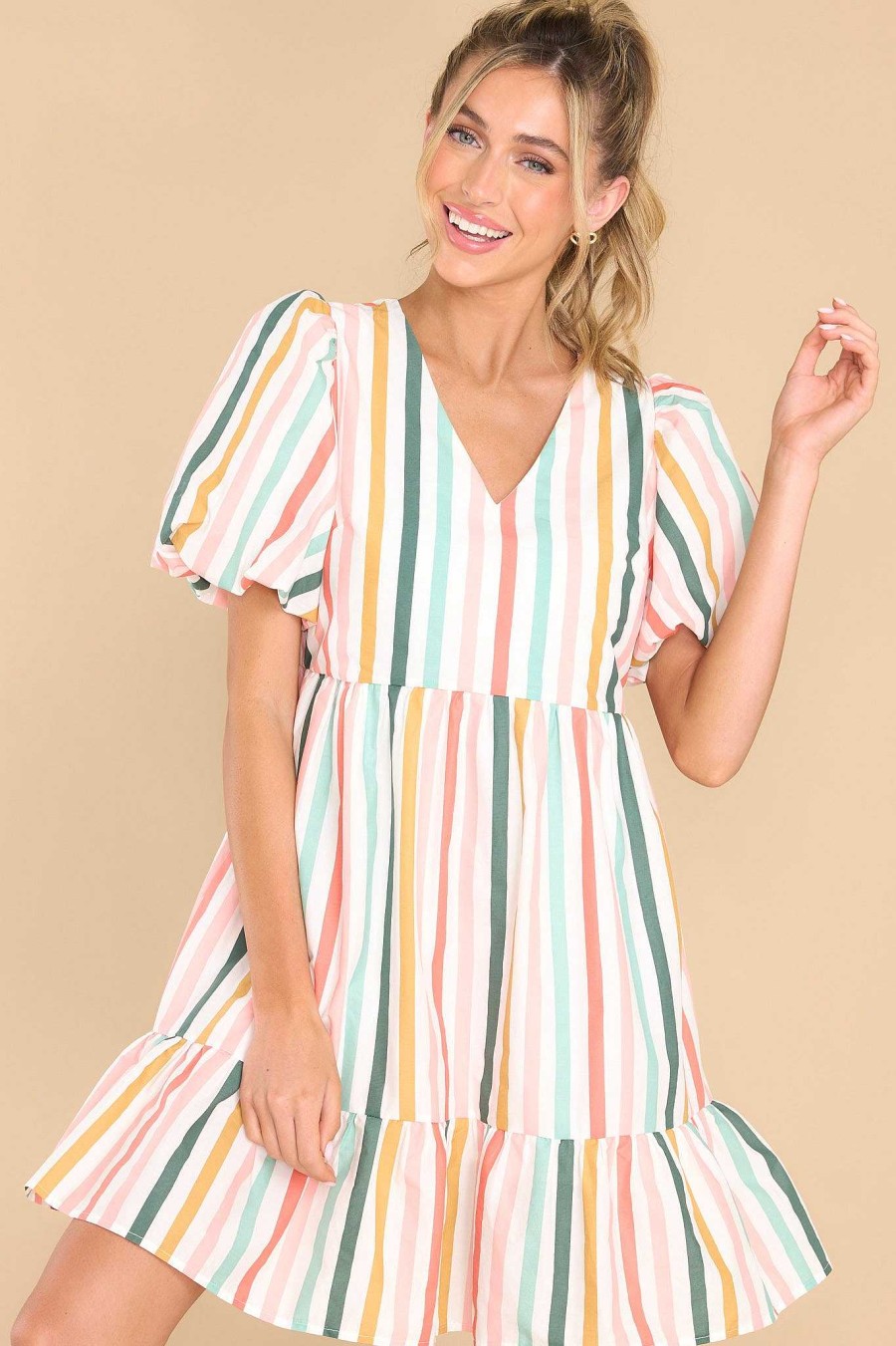 Clothing Aura Mini Dresses | Too Fun For You Multi Stripe Dress Desert Sage