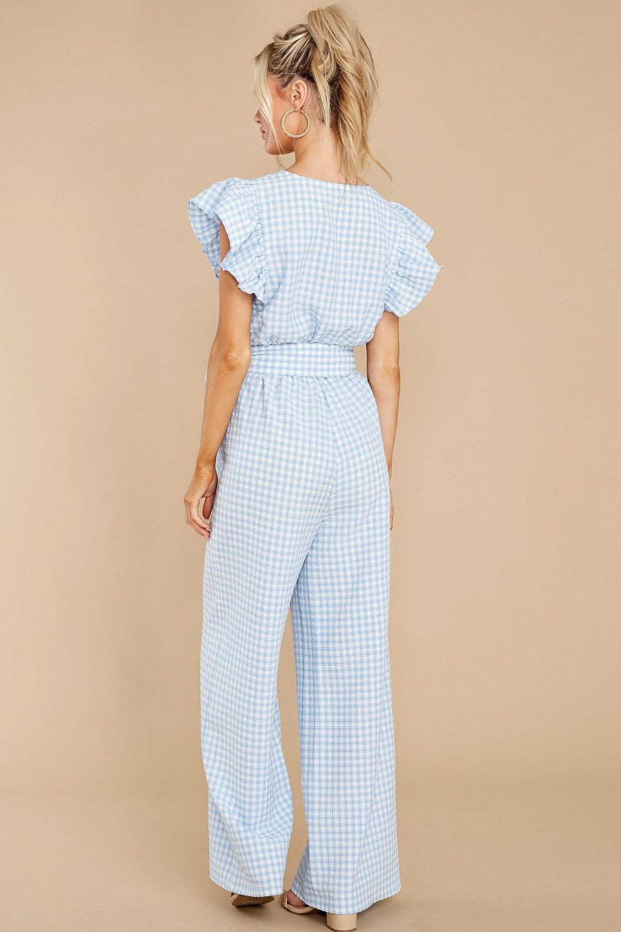 Clothing Aura Jumpsuits | Living In Your Mind Gingham Jumpsuit Blue