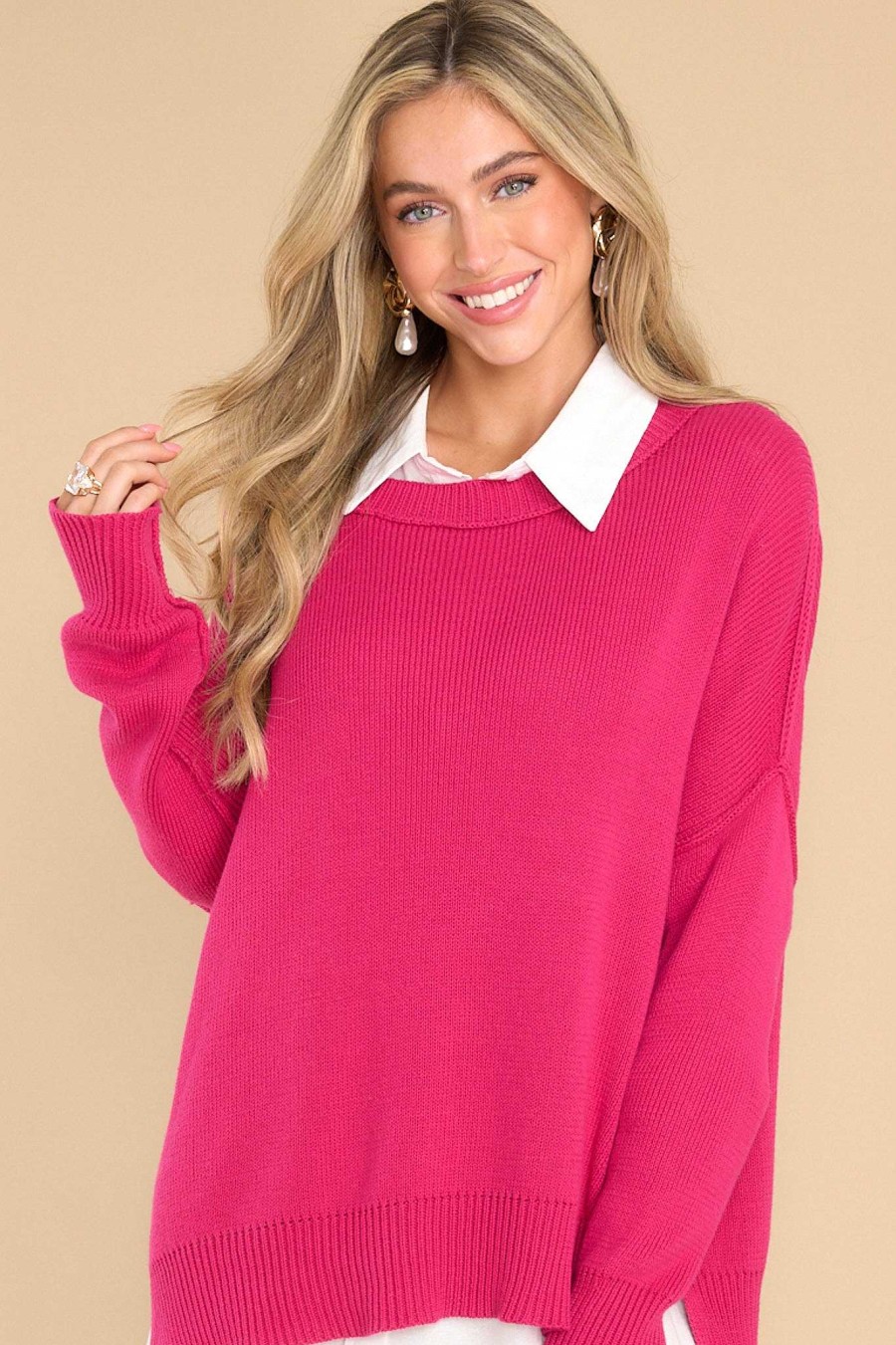 Clothing Red Dress Casual Tops | Giving Cheers Cotton Sweater Hot Pink