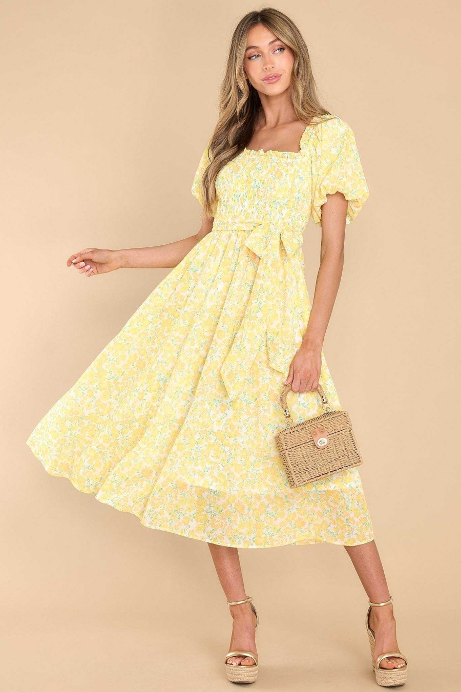 Clothing Aura Midi Dresses | Grow Freely Floral Print Midi Dress Yellow
