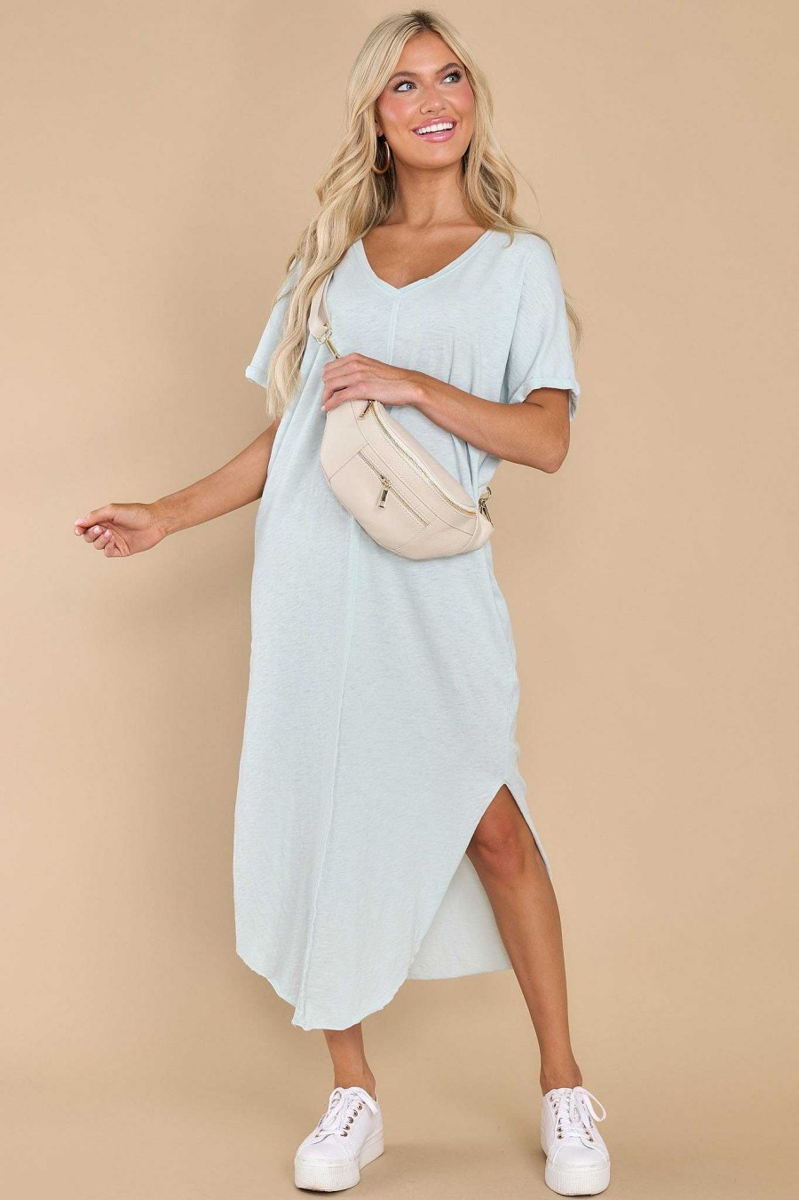 Clothing Z Supply Midi Dresses | Leia Light Turquoise Slub Midi Dress Light Blue
