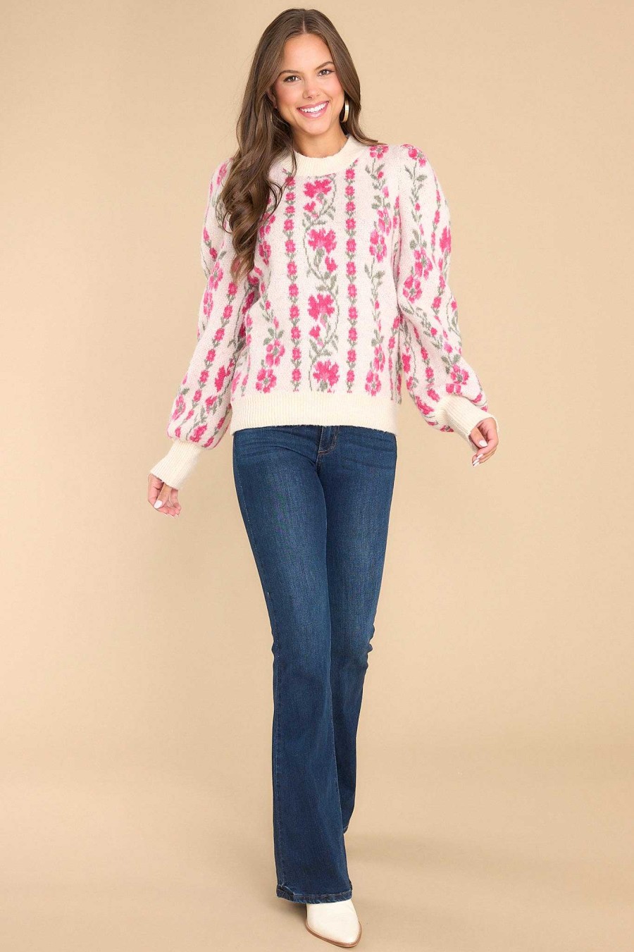 Clothing Red Dress Casual Tops | Let Your Light Shine Floral Sweater Ivory