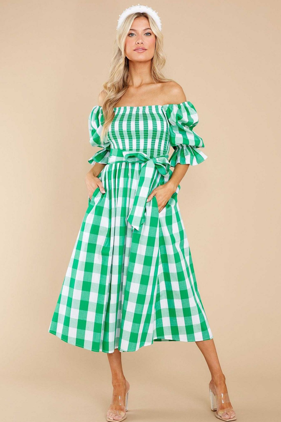 Clothing Aura Midi Dresses | Dignity And Grace Gingham Midi Dress Green