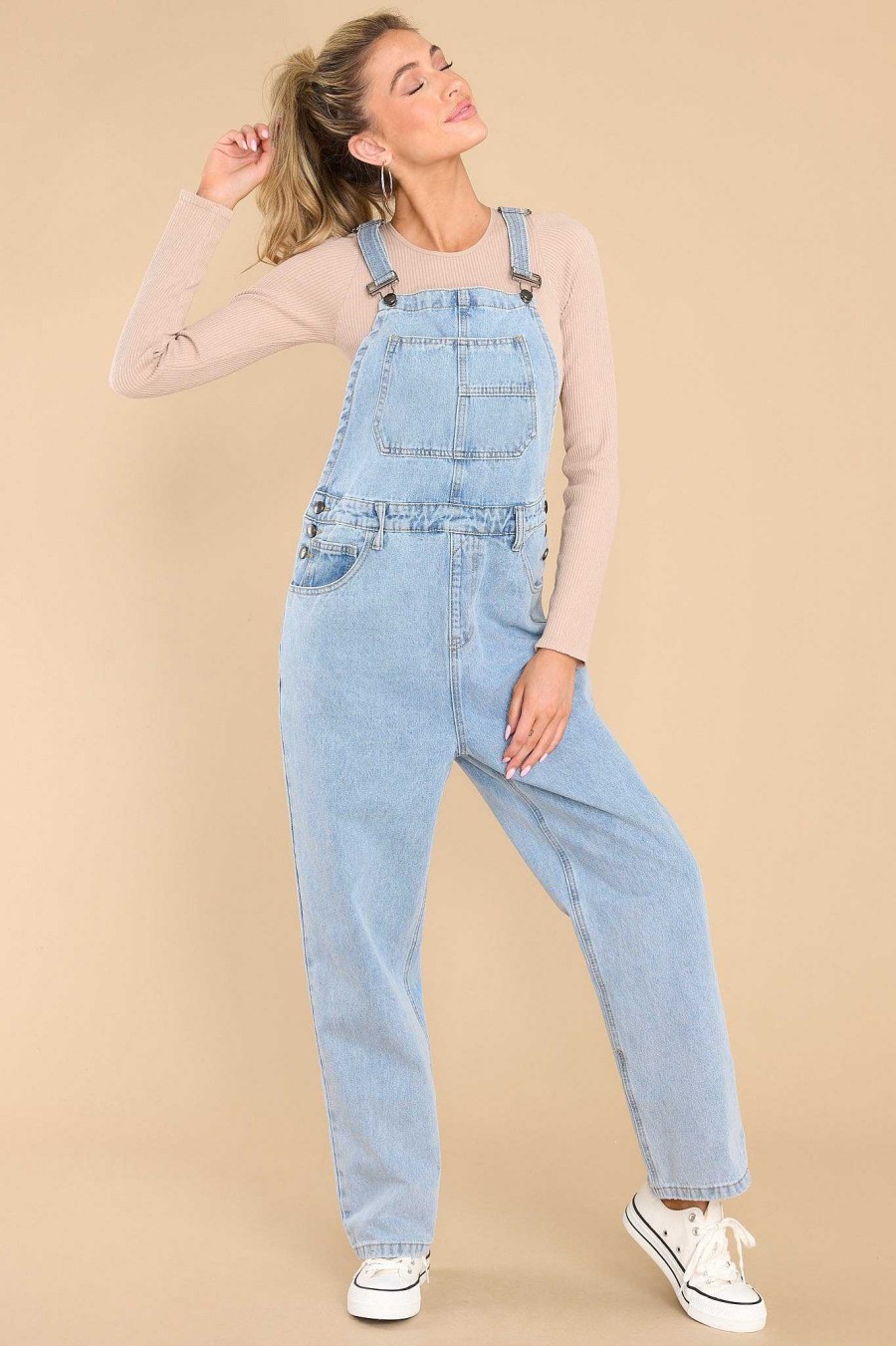 Clothing Red Dress Overalls | Incredible Aspirations Denim Overalls Light Wash
