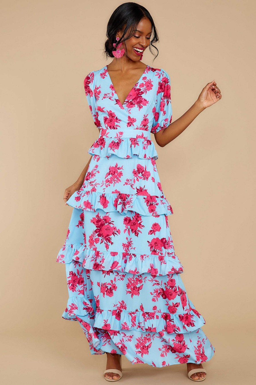 Clothing Red Dress Maxi Dresses | Confession Of Love Floral Print Maxi Dress Light Blue