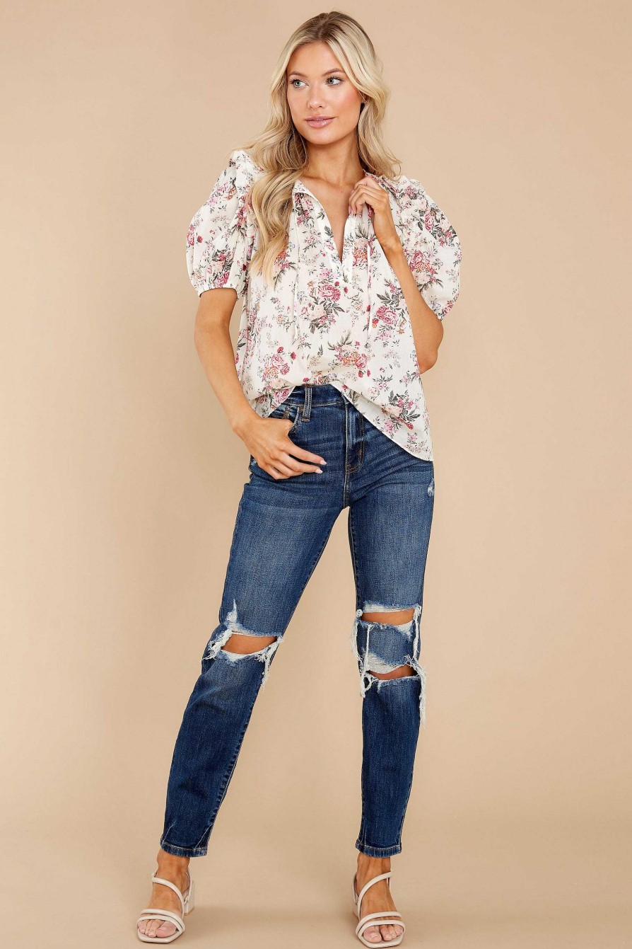 Clothing Red Dress Blouses & Shirts | From The Meadow Floral Print Top Cream