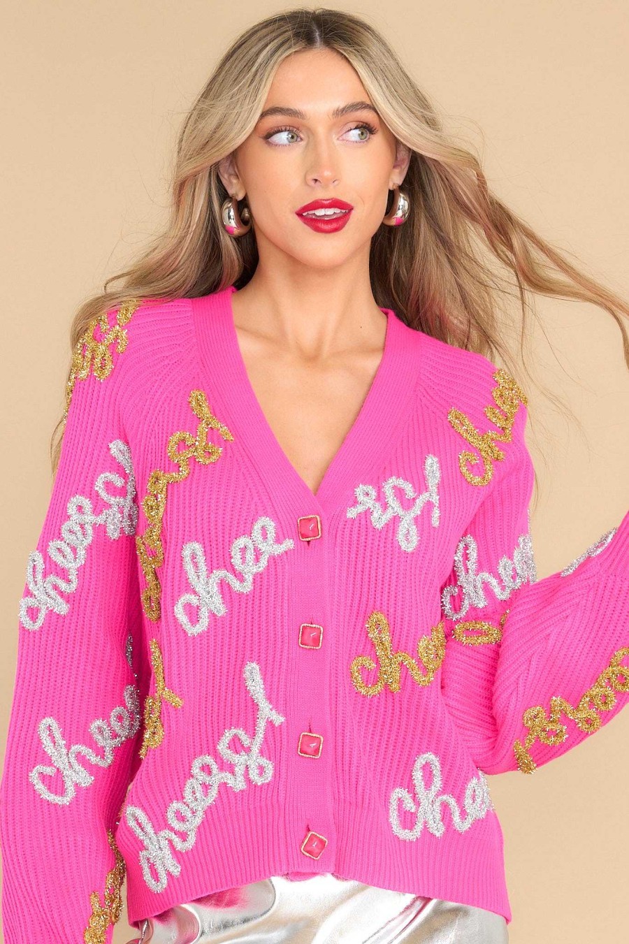 Clothing Queen of Sparkles Casual Tops | , Silver & Gold Cheers All Over Cardigan Hot Pink