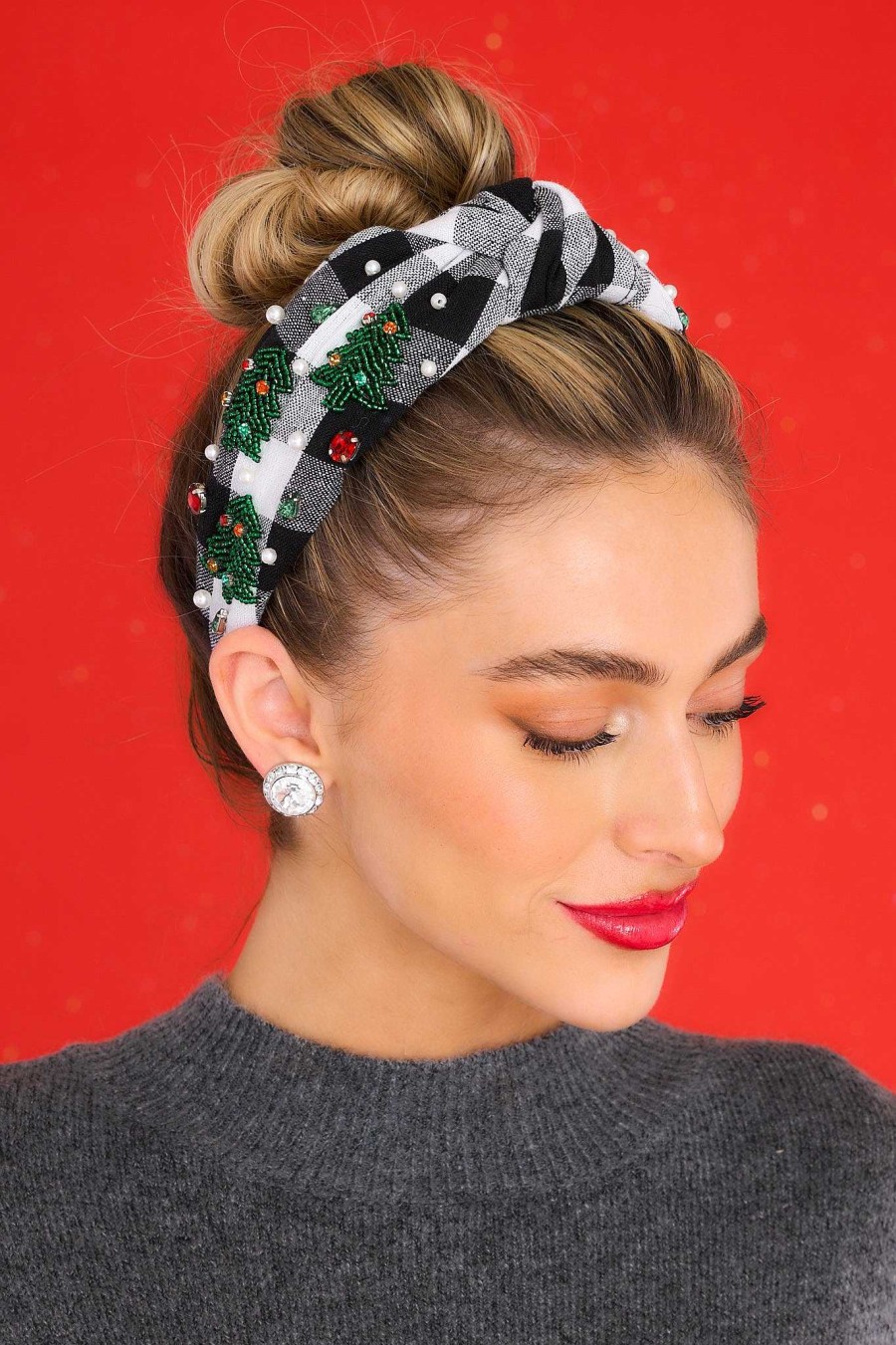 Accessories Red Dress Hair Accessories | Holiday Fever Plaid Knot Headband Black
