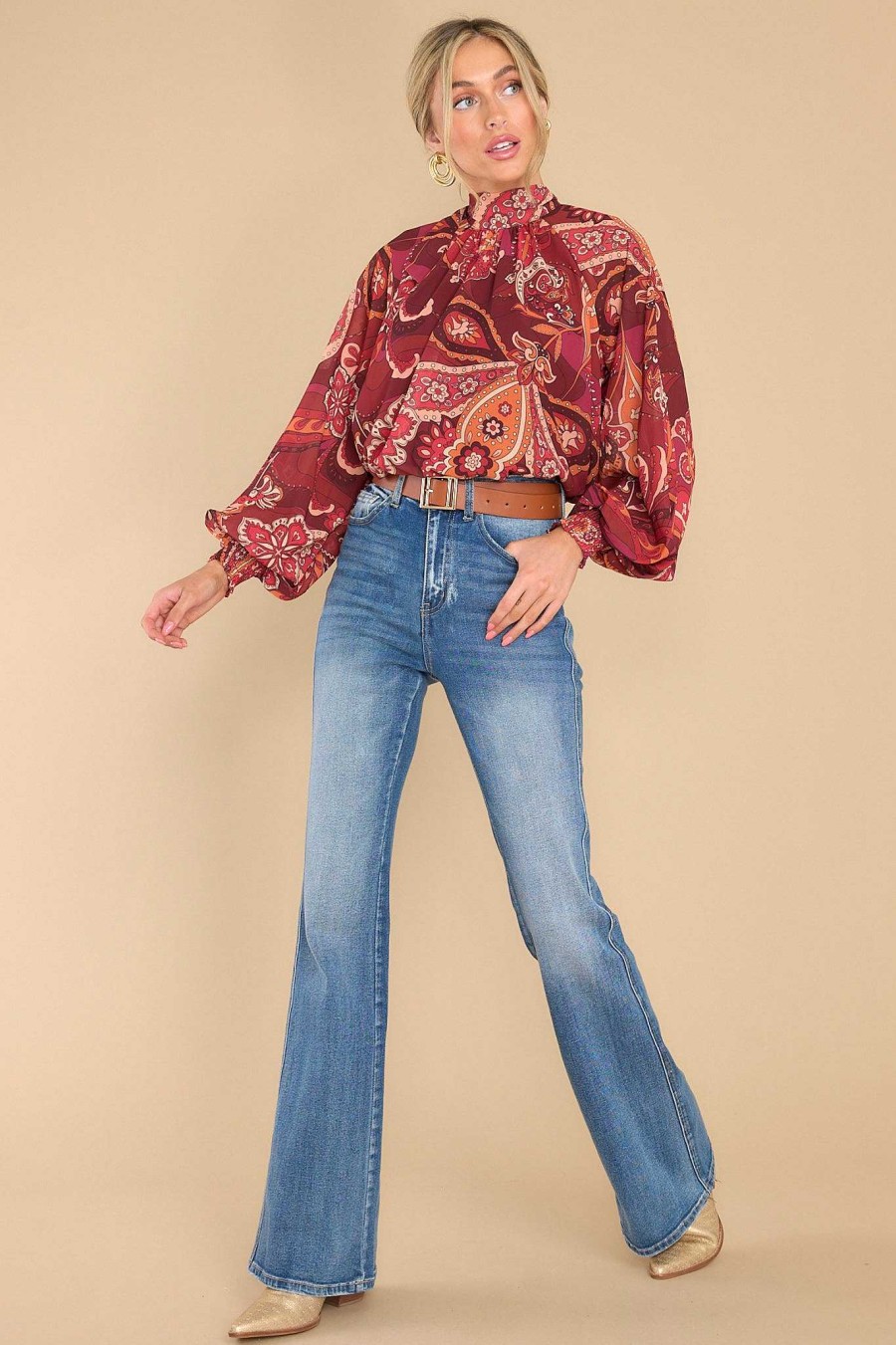 Clothing Aura Blouses & Shirts | Amuse Me Multi Print Top Burgundy