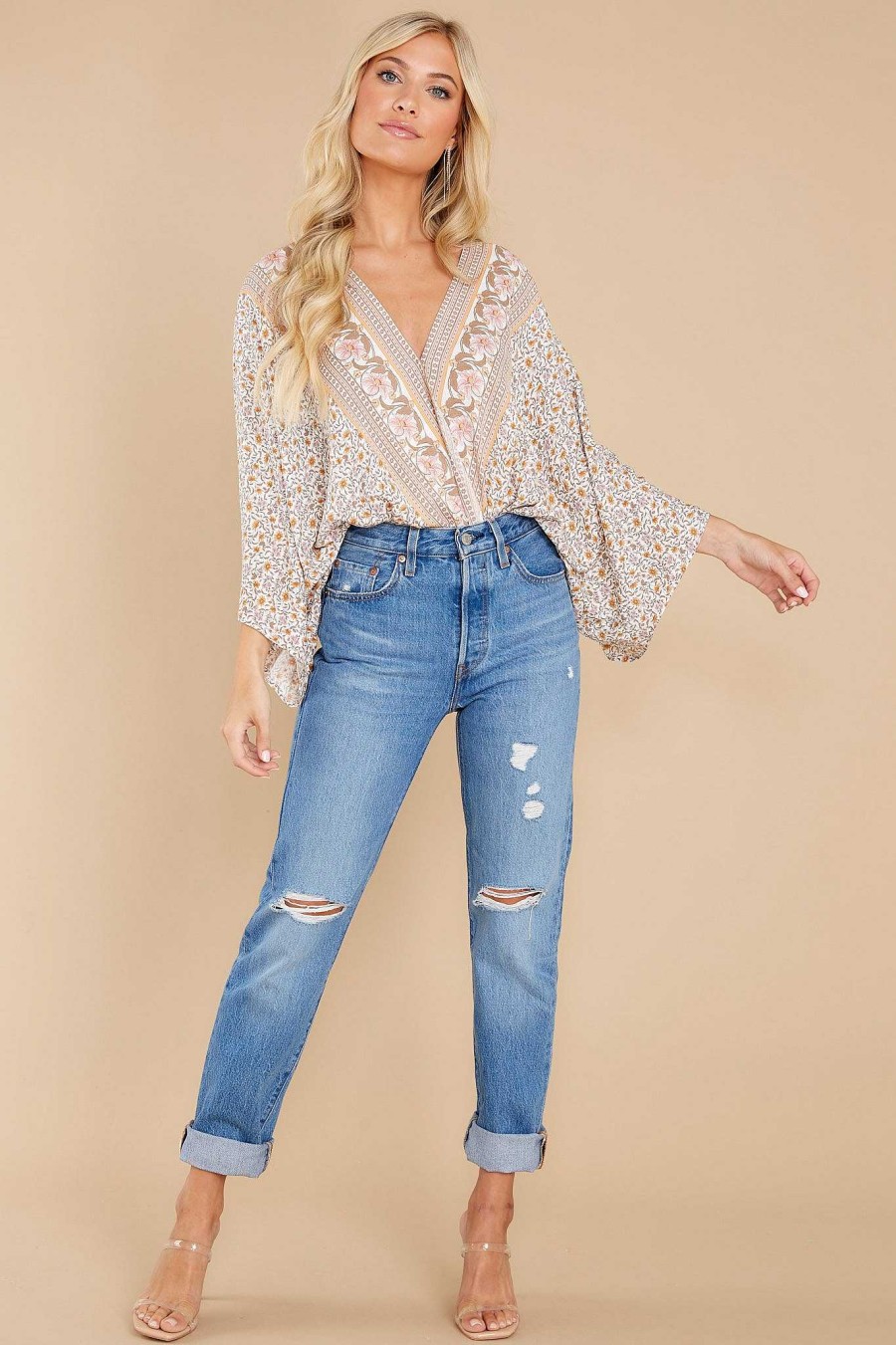 Clothing Red Dress Blouses & Shirts | Want You Around Print Bodysuit Taupe