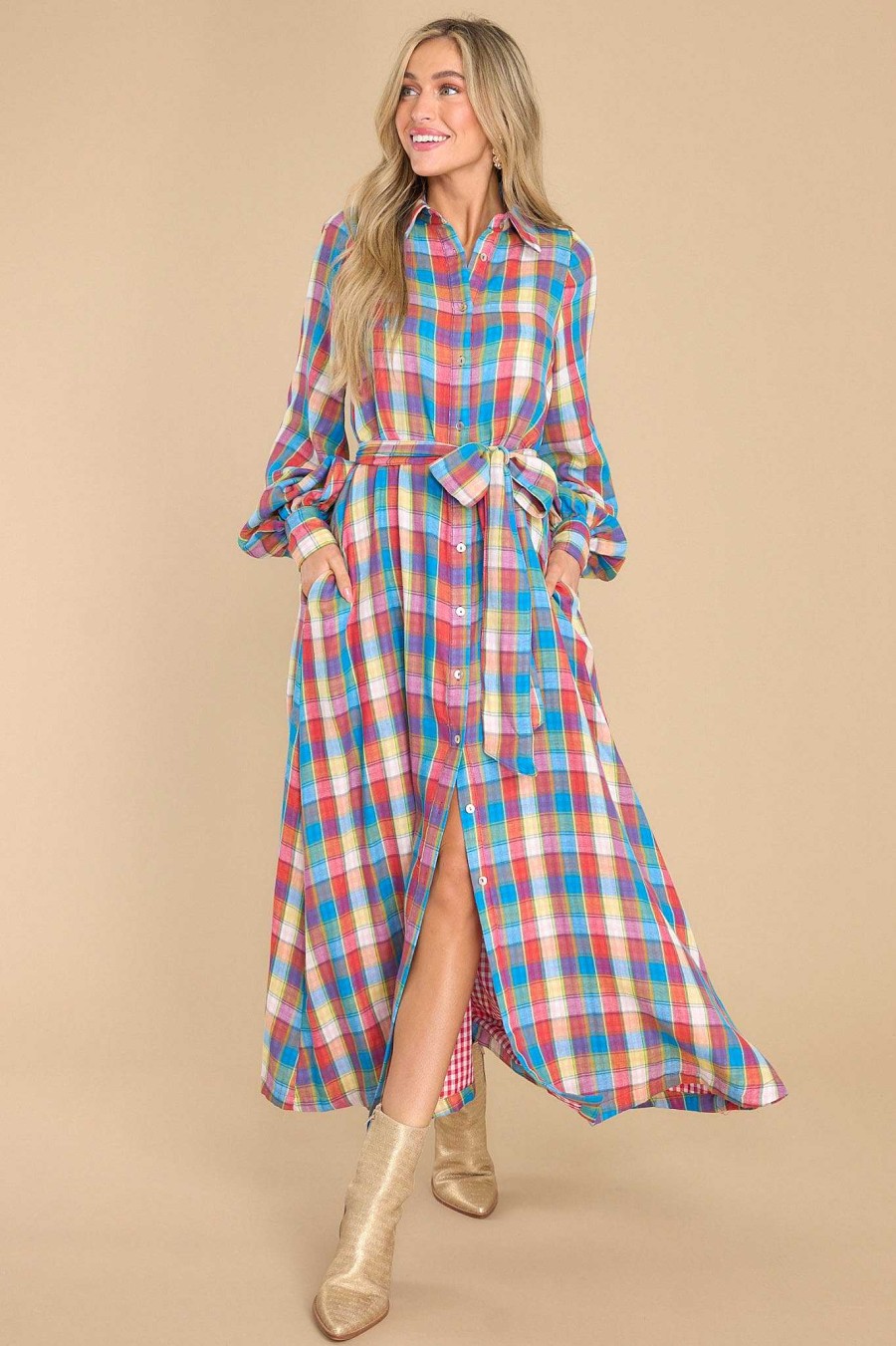 Clothing Aura Maxi Dresses | Closing That Door Multi Plaid Maxi Dress Blue