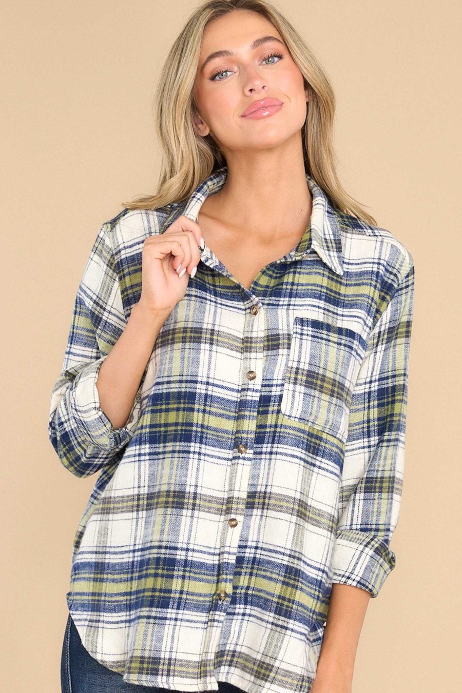 Clothing Red Dress Casual Tops | Electric Love Multi Plaid Top Navy
