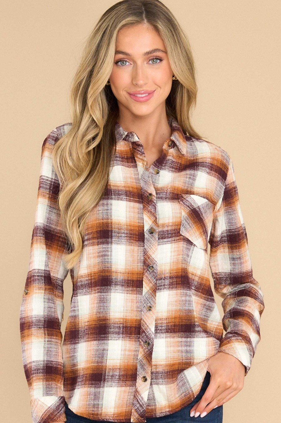 Clothing Thread & Supply Casual Tops | Aster And Orange Plaid Top Burgundy