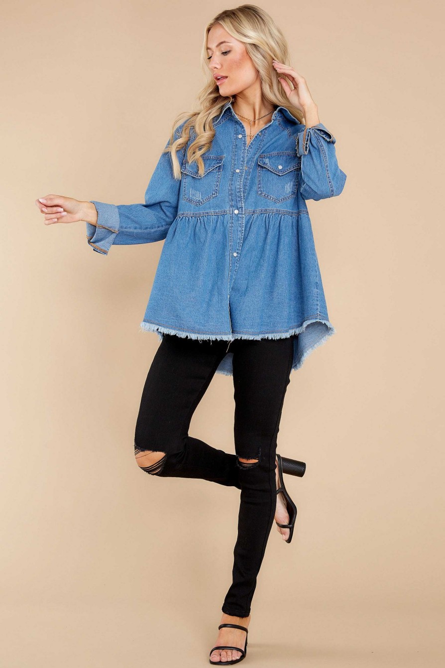 Clothing Red Dress Blouses & Shirts | Off The Edge Distressed Chambray Top Medium Wash